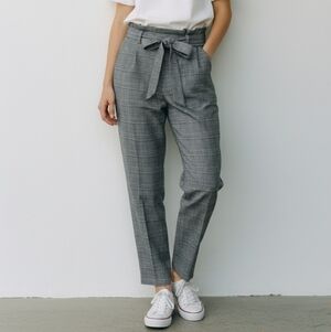 High-Waist Plaid Tie-Belt Pants - Gray